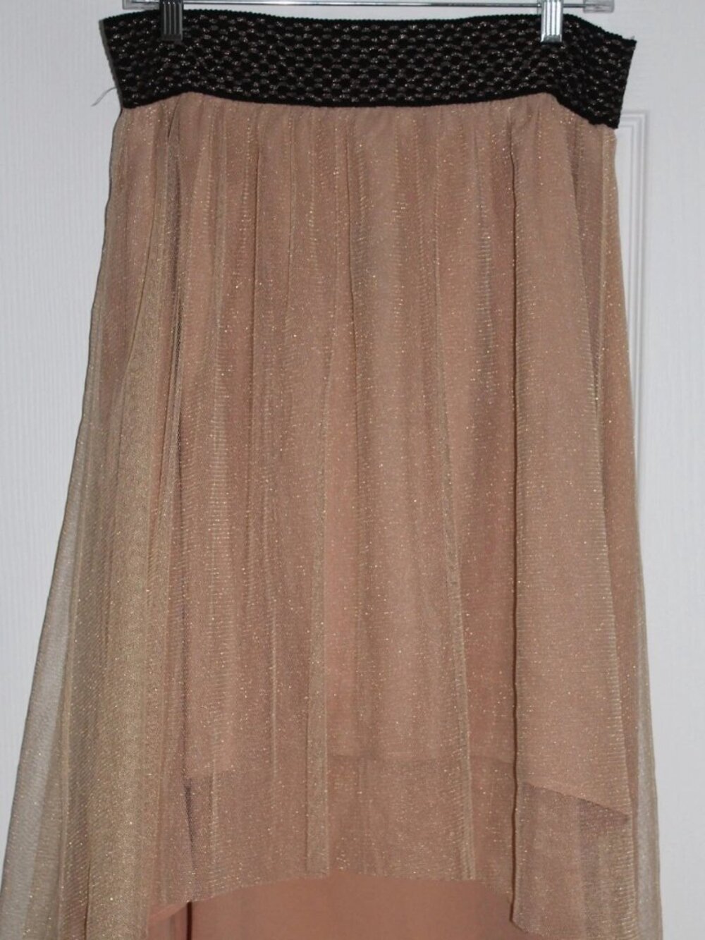 Miss Me NWT Hi Lo Gathered Knit Skirt with Gold Tulle Overlay, Sz L